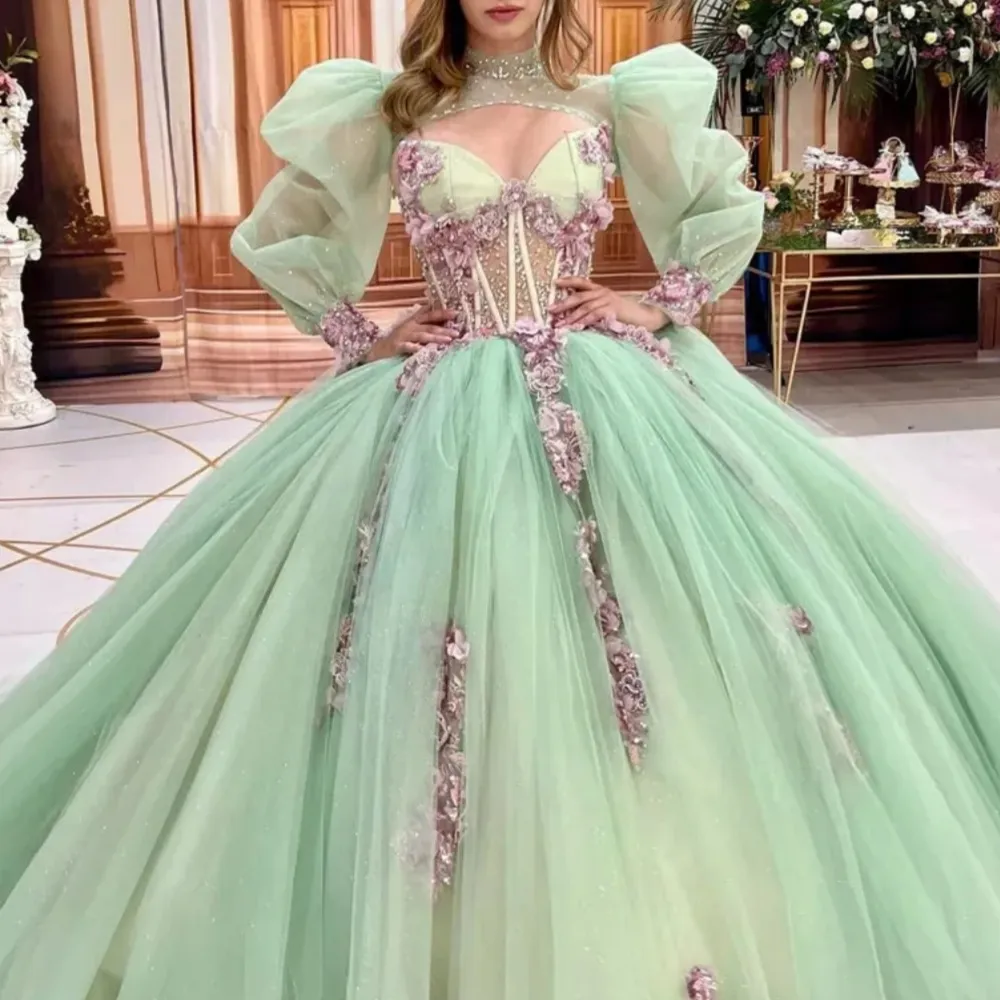 Mint green bubble long-sleeve high-neck see-through herringbone puffy dress with vertical pink floral applique and train, Quinceanera fifteen-year-old 