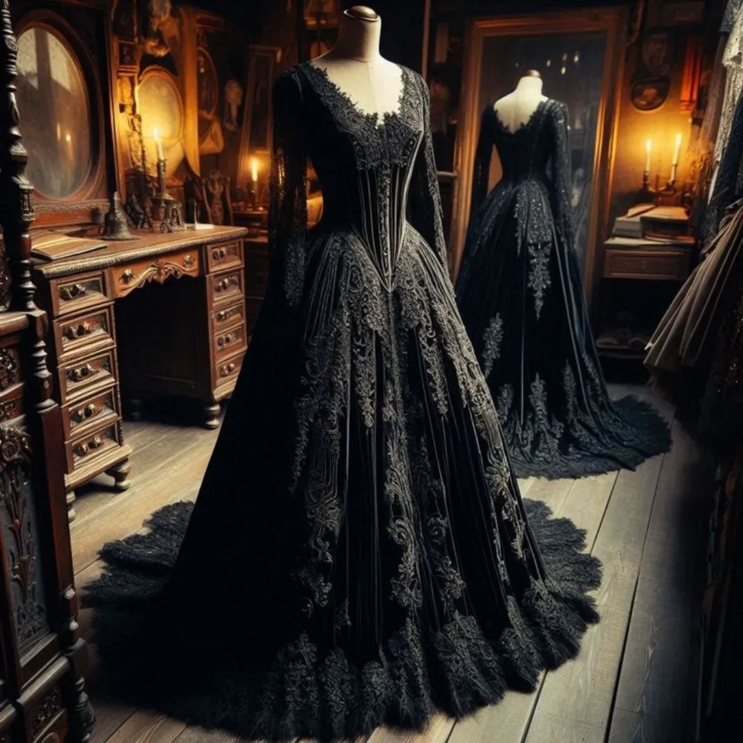 vampire formal dresses Medieval Black Velvet Gothic Wedding Corset V-neck Lace Long Sleeve Victorian Bridal Gown Dress lehenga-choli-suits-chile