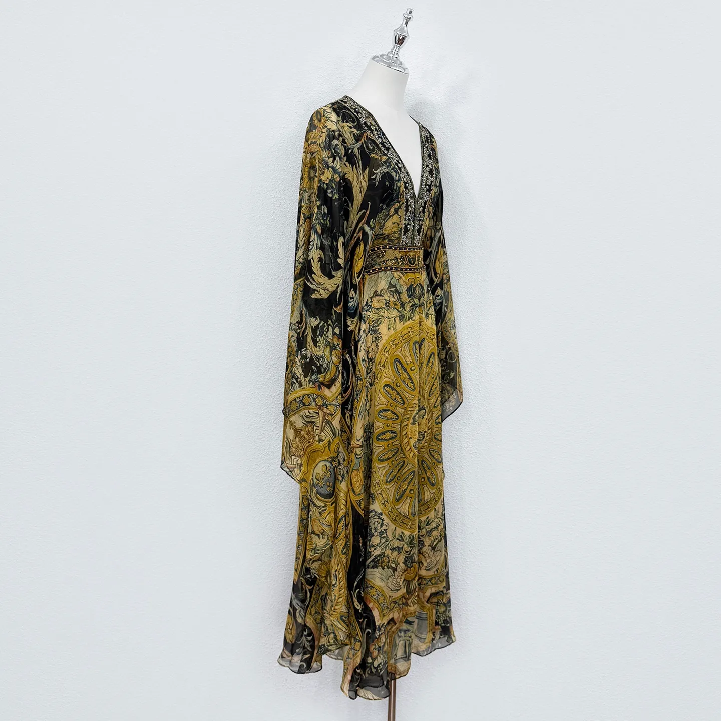 silk dress loose Women Casual Fashion V Neck Silk Loose Fit Short Sleeves Dress Knee Length Gown