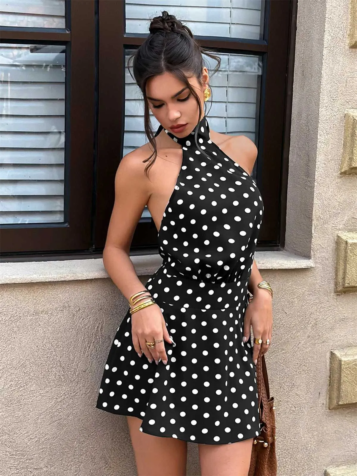 french halter dress Women Polka-dot 2026 Summer Sleeveless Backless Mini Dresses Lady Fashion Lace Up Sexy Party Vacation DressT260704 motherofbride