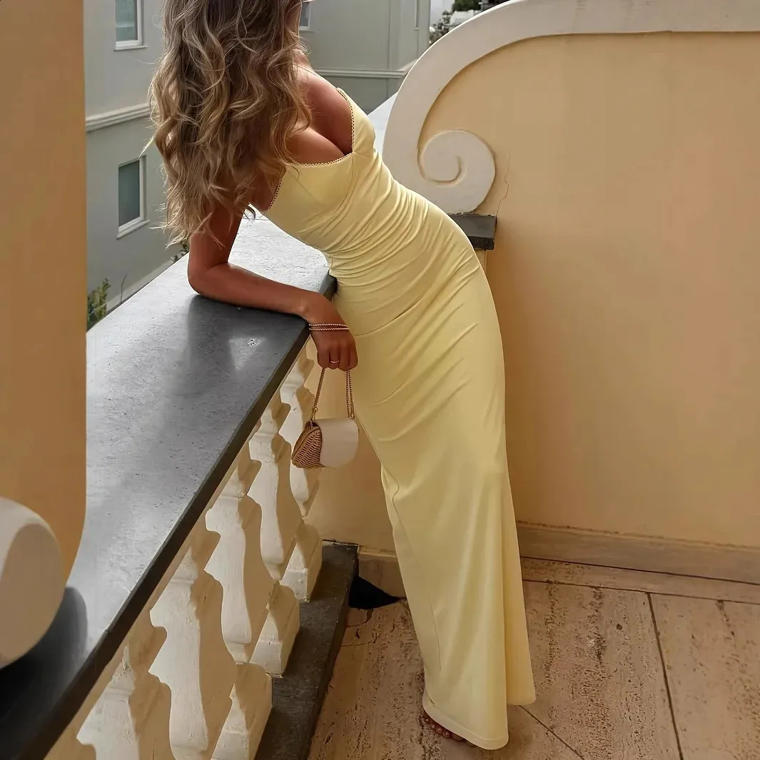 womens yellow summer dress Women's Ruched Square Neck Wedding Guest Maxi – Kaylas Collectives Made from high Trendy Yellow Lemon Print Mini