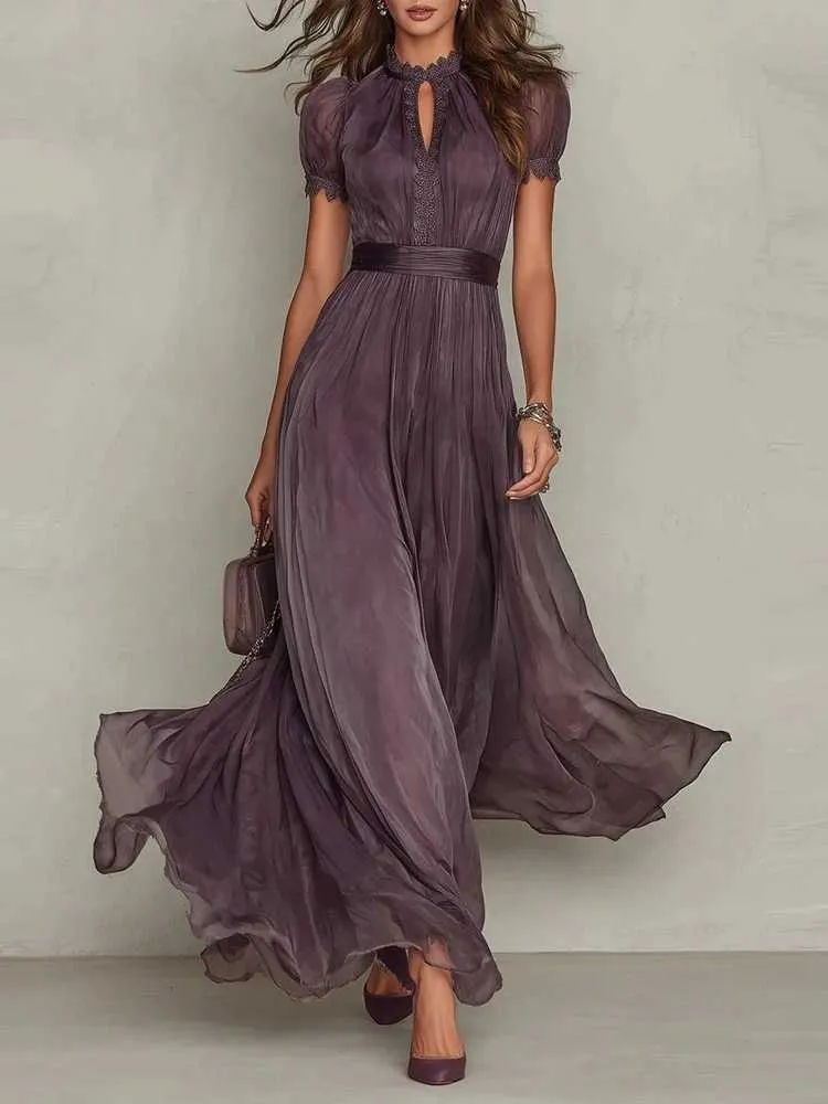 solid lace half sleeve maxi a line dress A-line Half Sleeves Lace Knee Length Dresses Wedding, Beige / 2