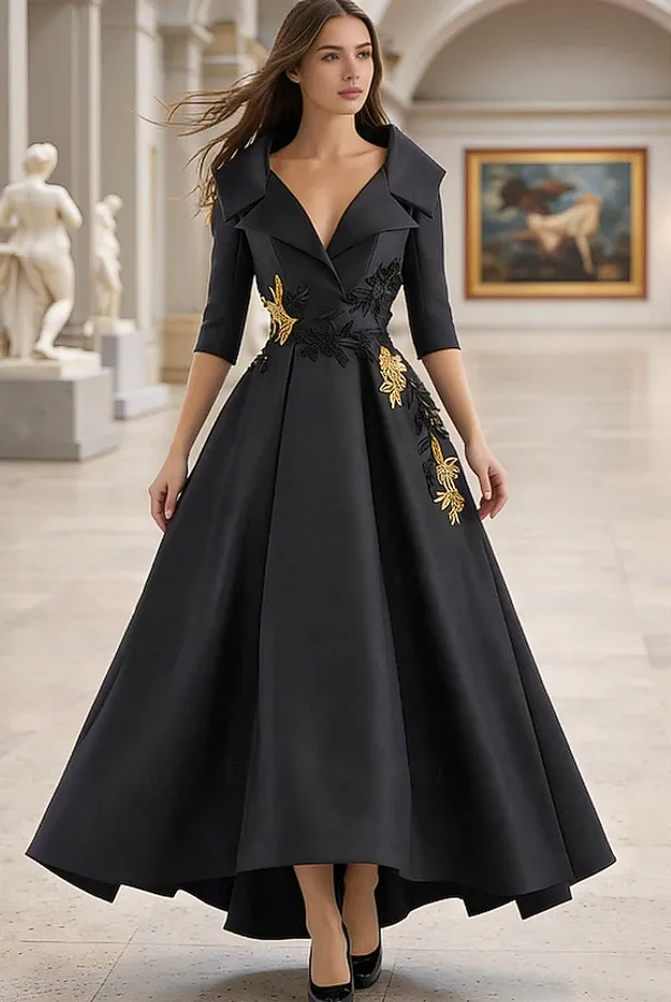 gala dinner formal dress Black Notched Lapel V Neck Three Quarter Sleeve Satin... From Fairy_dress, Rs.5,808.84 elegant gala dresses