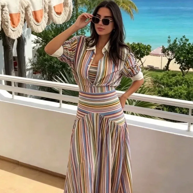Boho Colorful Stripe Shirt Maxi Dress Turn Down... From Leonorastore, Rs.5,037.74