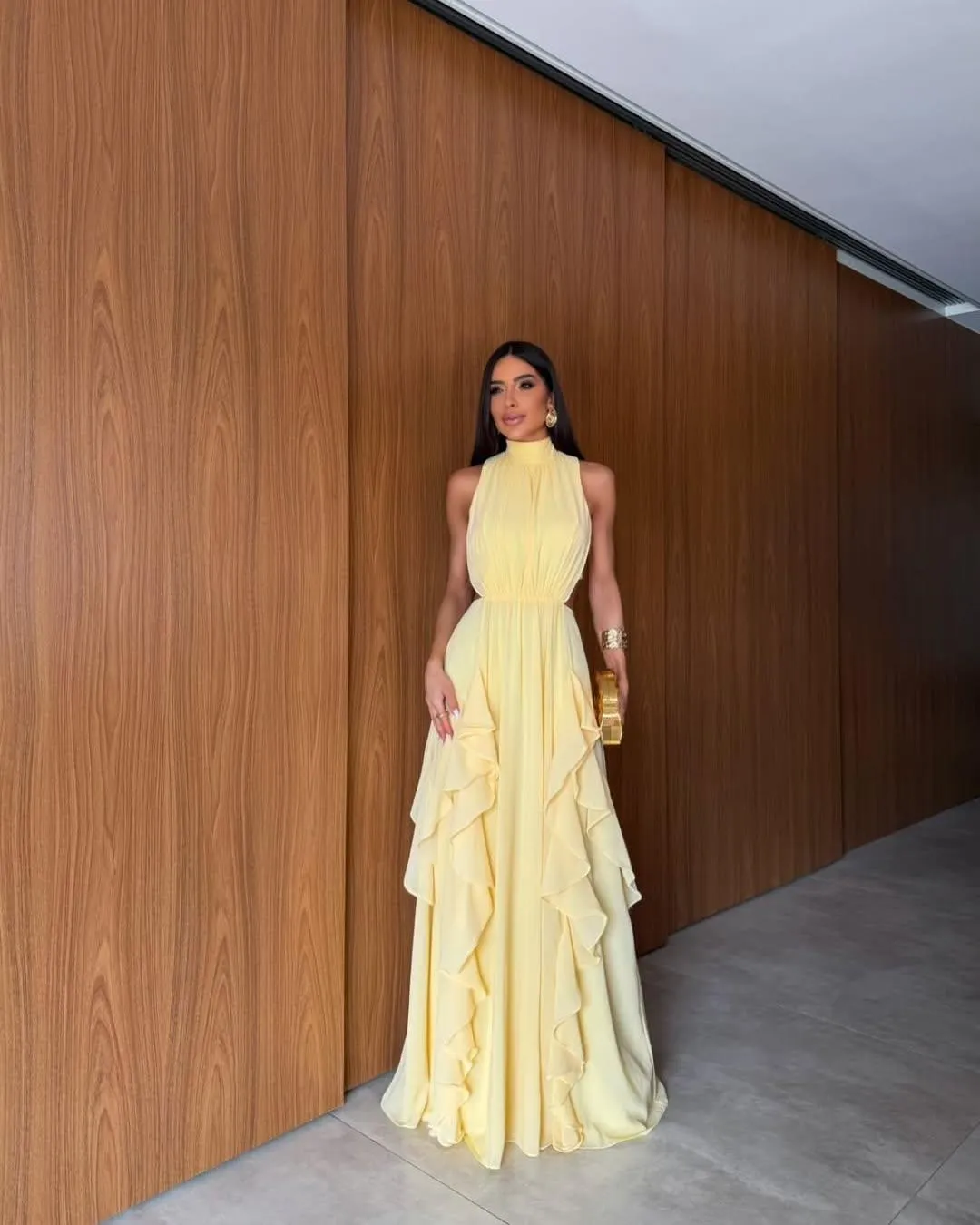 Simple Style Yellow Evening Dress Chiffon Pleat A-line Prom Gown Ruffles Chiffon Formal Occasion Maxi Dresses