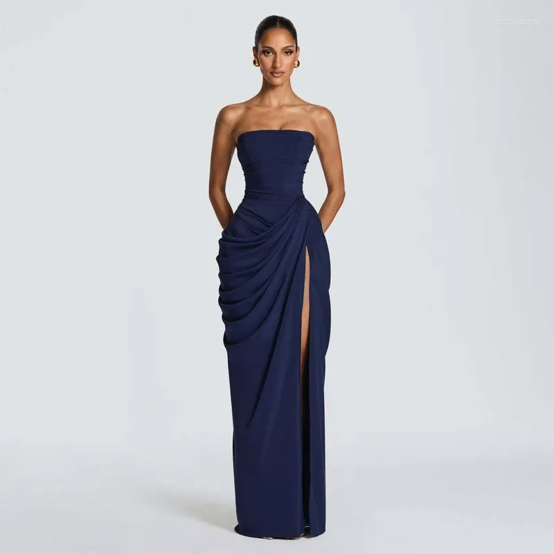 solid pleated strapless split dress Red Pleated Strapless Sweetheart Split Simple Dress