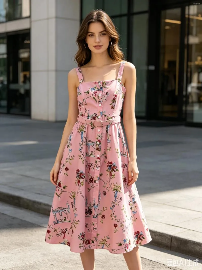 casual pink dress women Pink Floral-Print Midi Party Dress with Shoulder Ties Pink Floral / XSmall