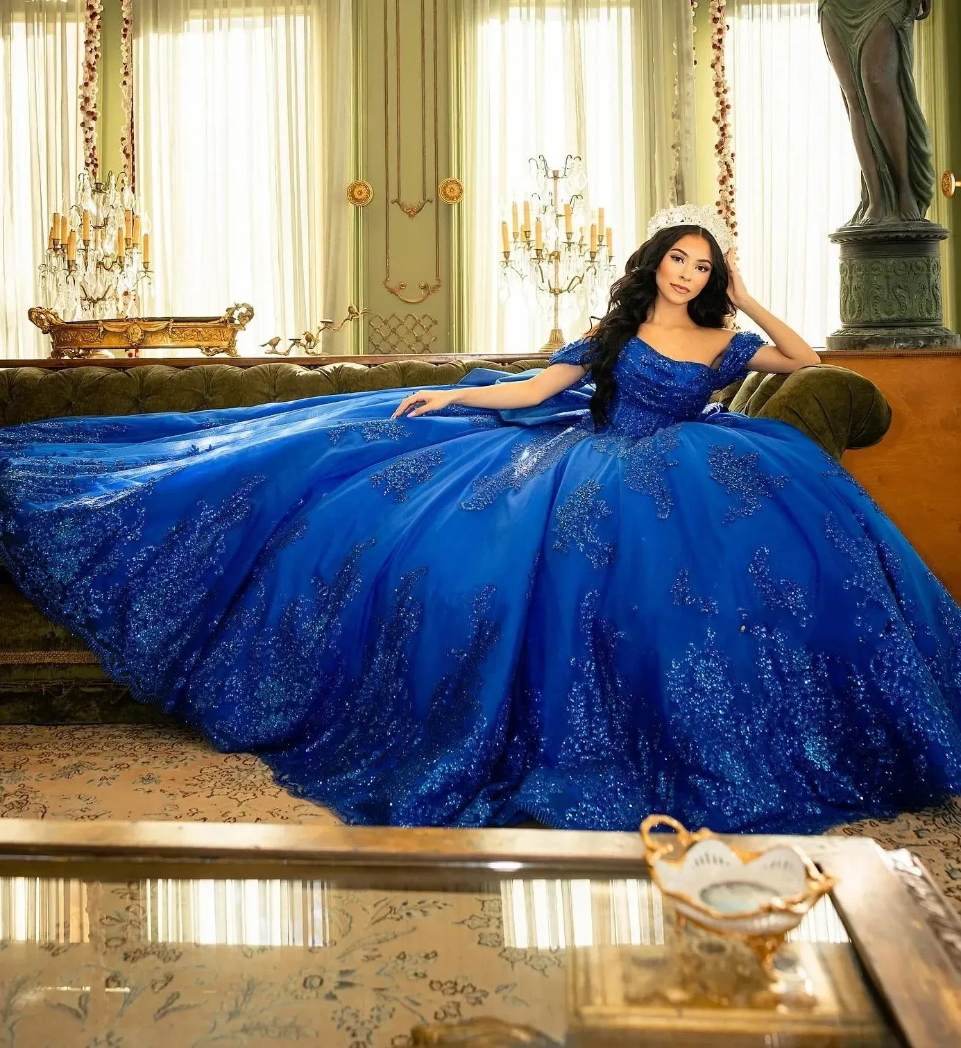 blue debutante dress 2026 Glitter Royal Quinceanera Ball Gown Sequins Applique Beaded Bow Off-Shoulder Princess Sweet 16 Vestidos De 15 Ano Vestidos De royal blue quinceanera dresses with sleeves