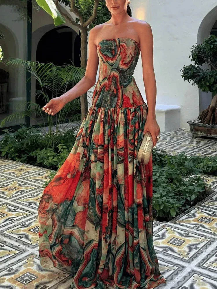 strapless maxi dresses for summer Women Floral Tube Maxi Dress Strapless Bodycon Bandeau Dresses Summer Beach Long Sundress (Blue, S) at Amazon Women's Clothing store
