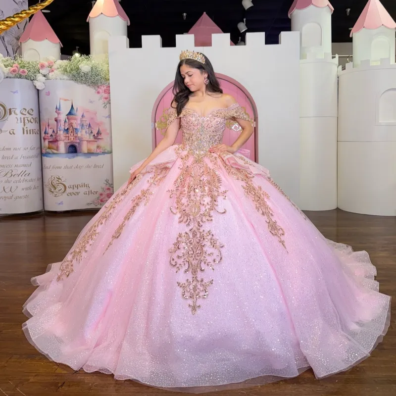 Pink Shiny Ball Gown Quinceanera Dresses Gold... From Leiel123, Rs.30,947.99