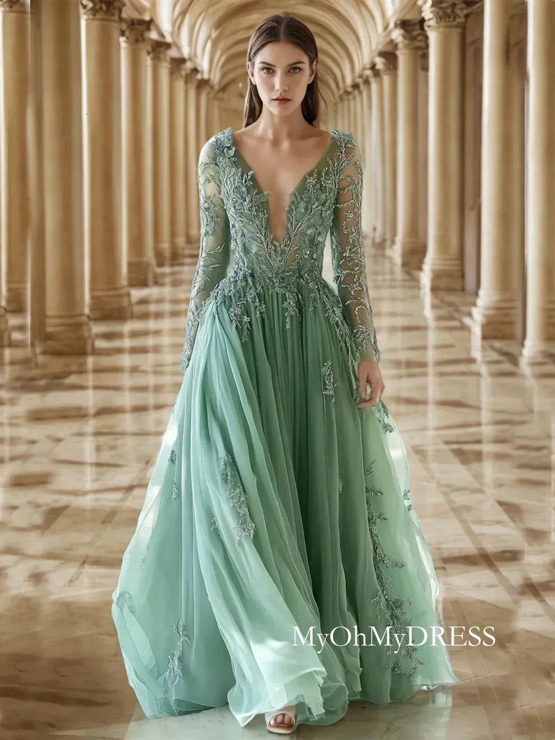 sage green long sleeve prom dress long sleeve formal prom dresses Sage Long Sleeves A Line Tulle Prom Dress With Appliques