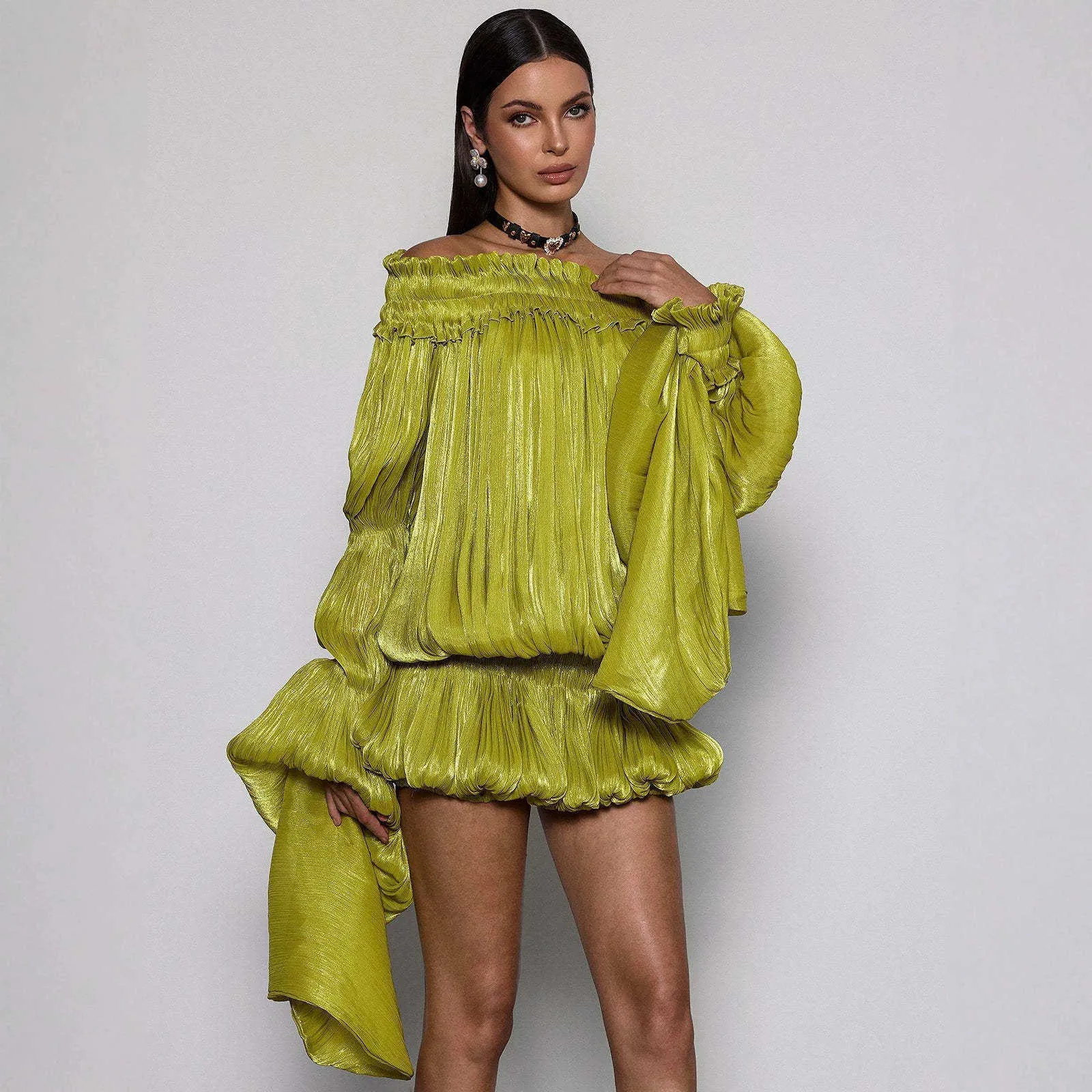 lime green puff sleeve dress Womens Lime Green Off Shoulder Mini Dress Pleated... From Nxylightluxury,  Rs.5,532.08