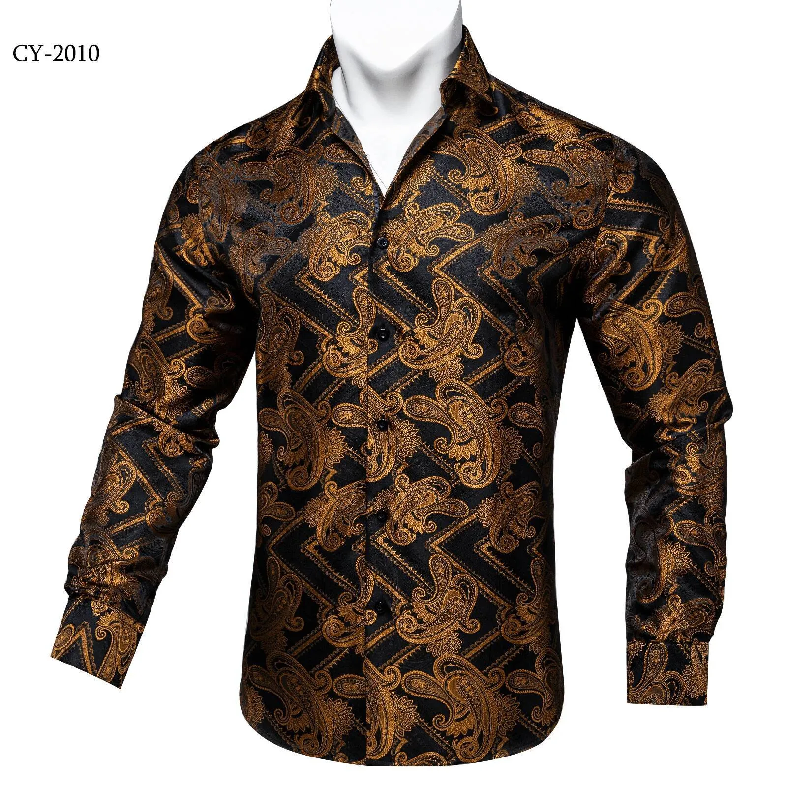 black dress shirt with gold design Hisdern Men's Black Gold Splicing Dress Shirt For Office Wear L