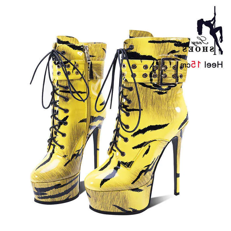 Platform Women Print Yellow Tiger Short Boots Lace Up From