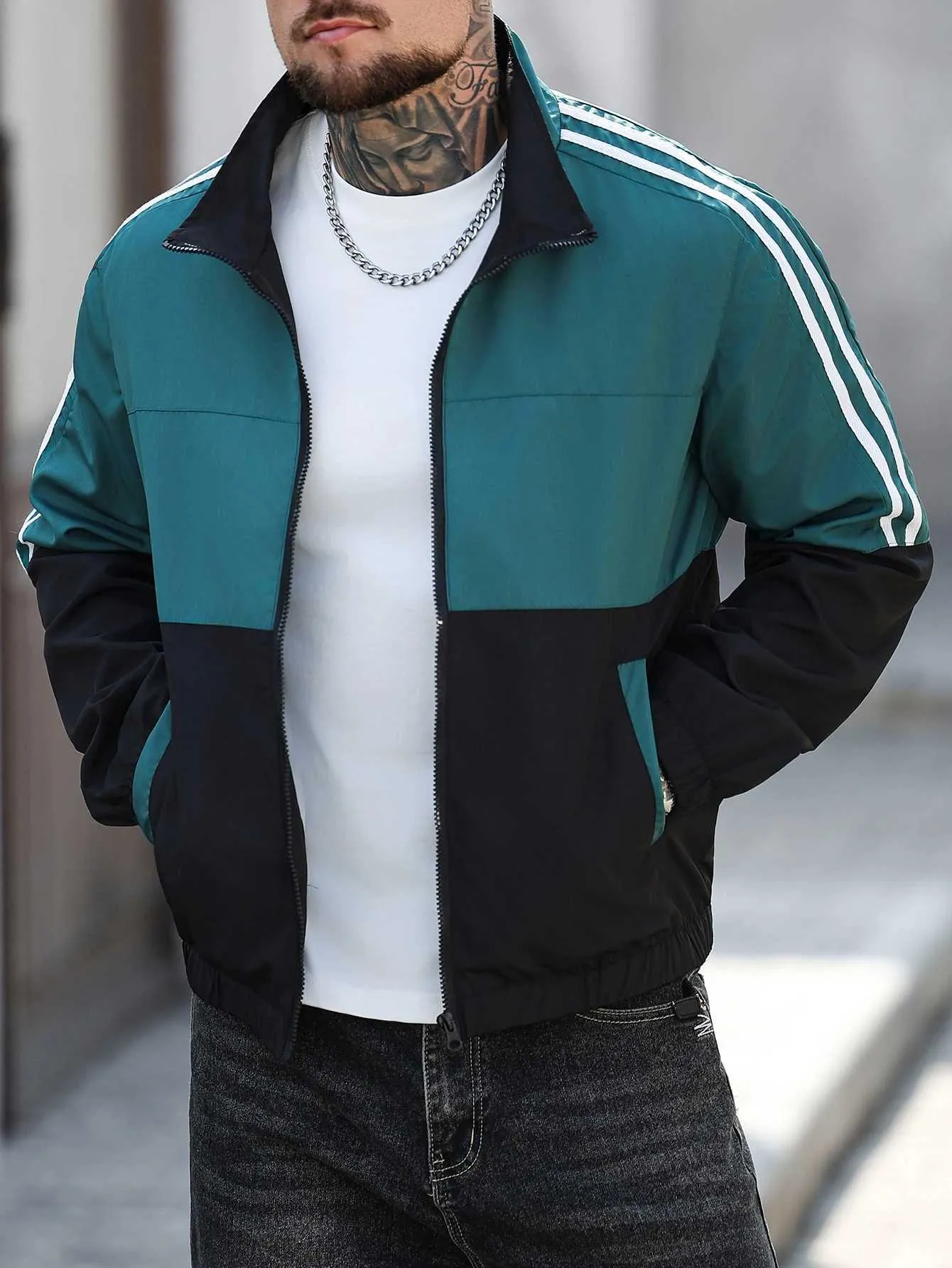 Mens Double Layer Color Block Jacket Striped Stand... From Aniol 