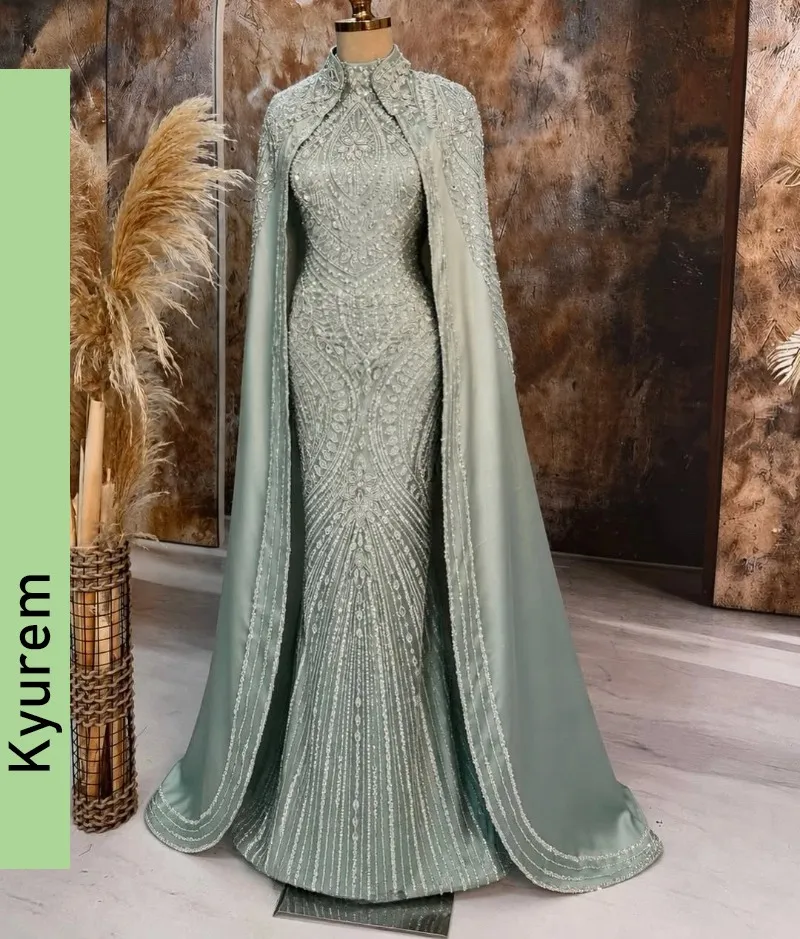 long sleeves muslim party dresses with cape sleeves covered fitted lace wedding dress Nude Luxury Long Sleeves Muslim Evening Dresses  with Cape SS369A Pink / 18