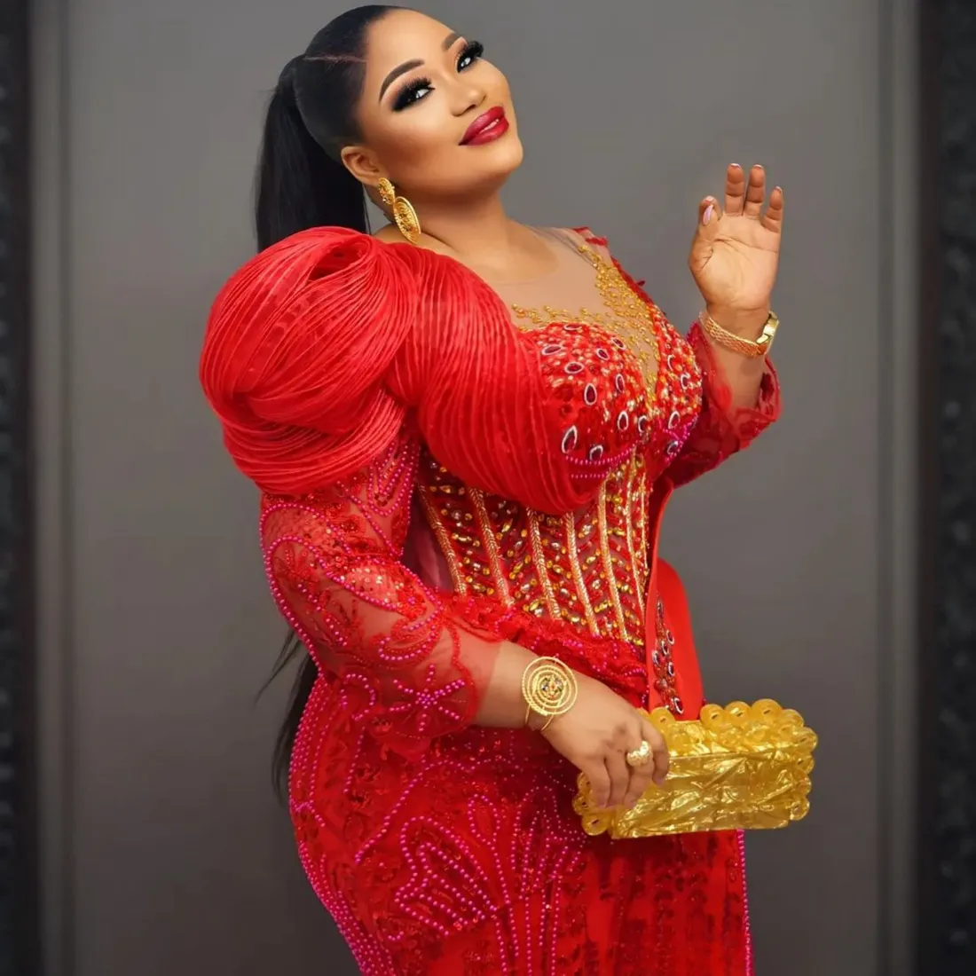 red dress for plus size women Final Sale Long Sleeve Gown with V-Neck in while the sleeves and skirt are 100% polyester for that full The Ten Hottest Red Plus