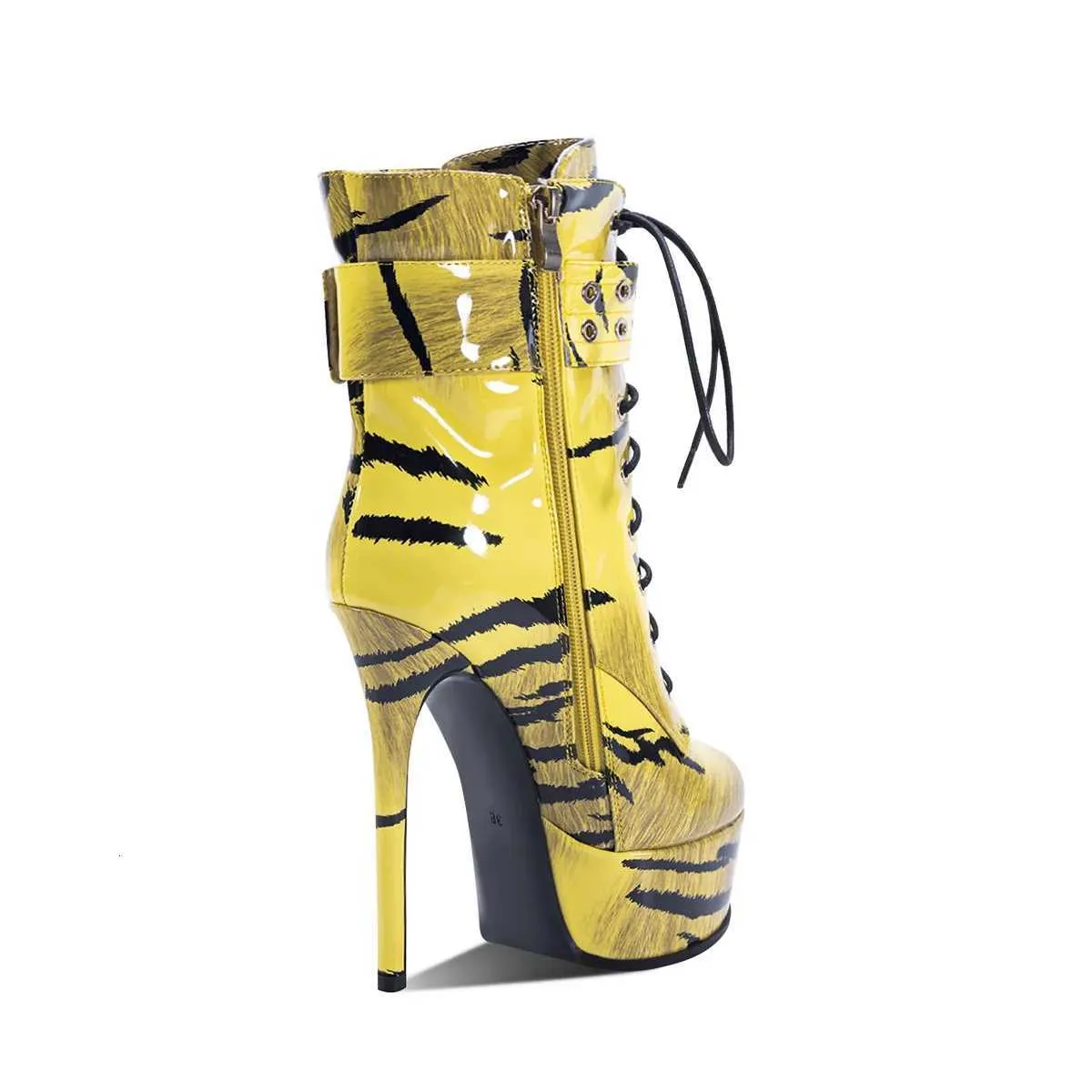 Platform Women Print Yellow Tiger Short Boots Lace Up From