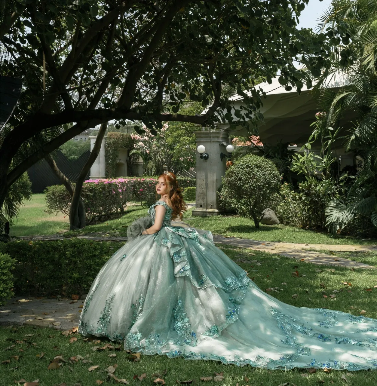 Mint Green Quinceanera Puffy Dress with Corset Ribbon Bow, 3D Floral Soft Tulle Floor-Length Sweet16 Girl Celebration Dress