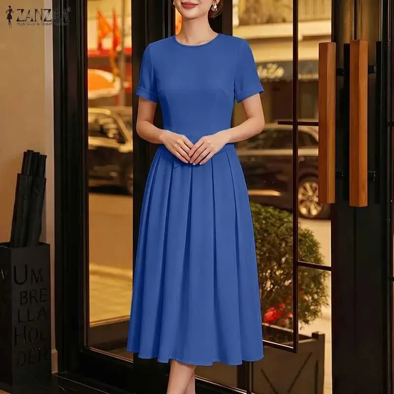 zanzea women o neck short sleeve dress ZANZEA Women Dress O Neck Slim Waist Solid Color Midi Short Sleeve Casual Dresses
