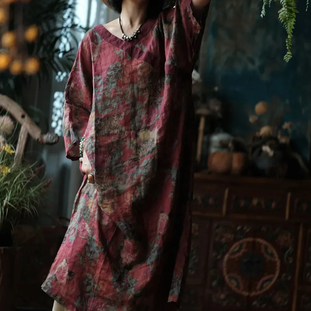 johnature boho dress Women Vintage Print Floral Ramie V-Neck Seven Sleeve Robes 2025 Autumn Loose Chinese Style A-Line Dress 260707 Orange Floral Boho Tunic Blue Pageant Dresses Select Knitwear Size:XL high slit
