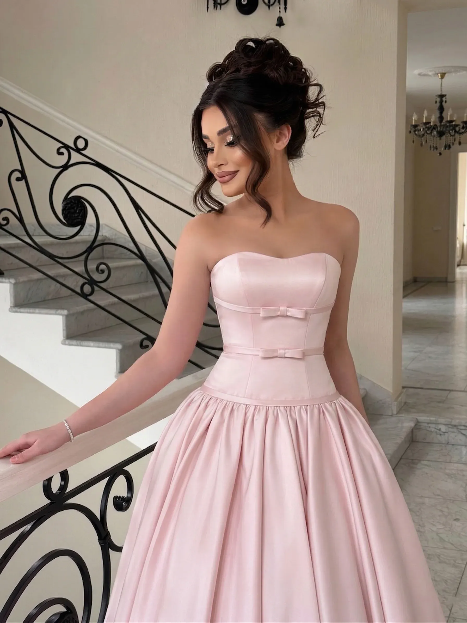 pink prom dress satin Dressime Women's Sparkly Mermaid Spaghetti Straps Evening Dress With Bow dressime See deep v Elegant Strapless Satin Bow Prom