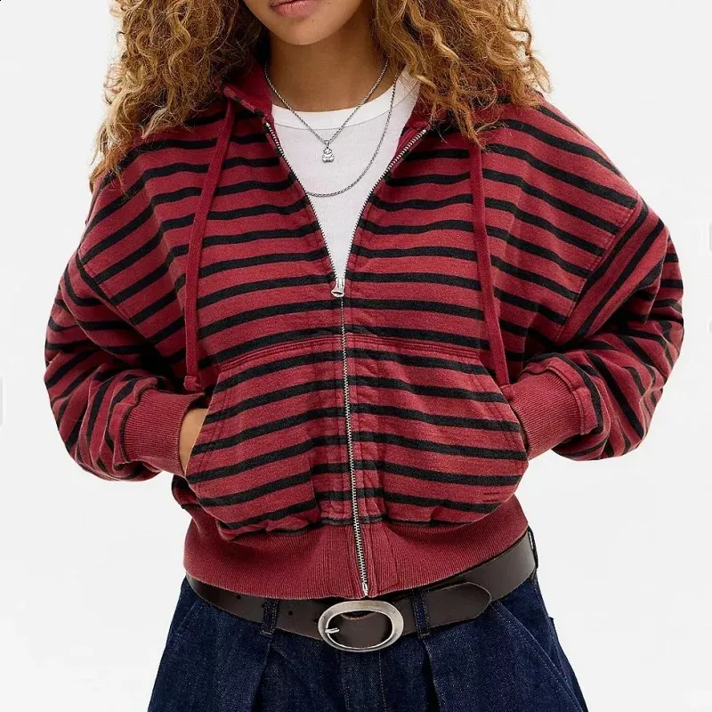 2000s Retro Y2K Grunge Cyber Striped Zip Up Hoodies From