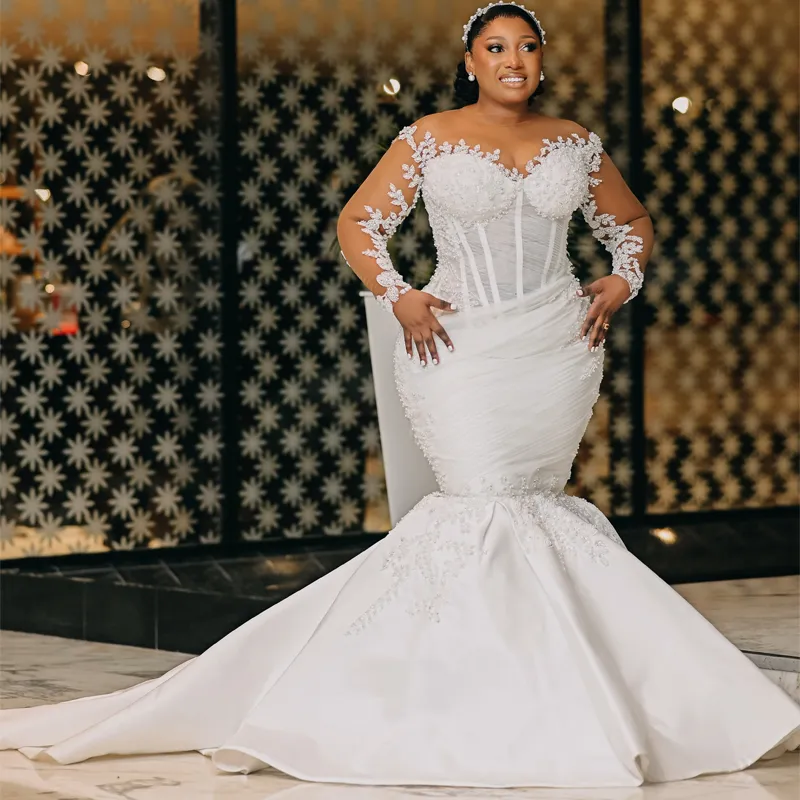 white sheer dress plus size Plus Size Floral Lace Long Sleeve Wedding Dress with Sheer A-Line Skirt