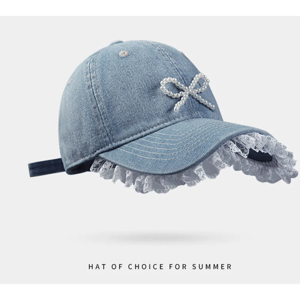 Denim Blue Embellished Baseball Cap with Shell & Pearl Chain Women main image 4