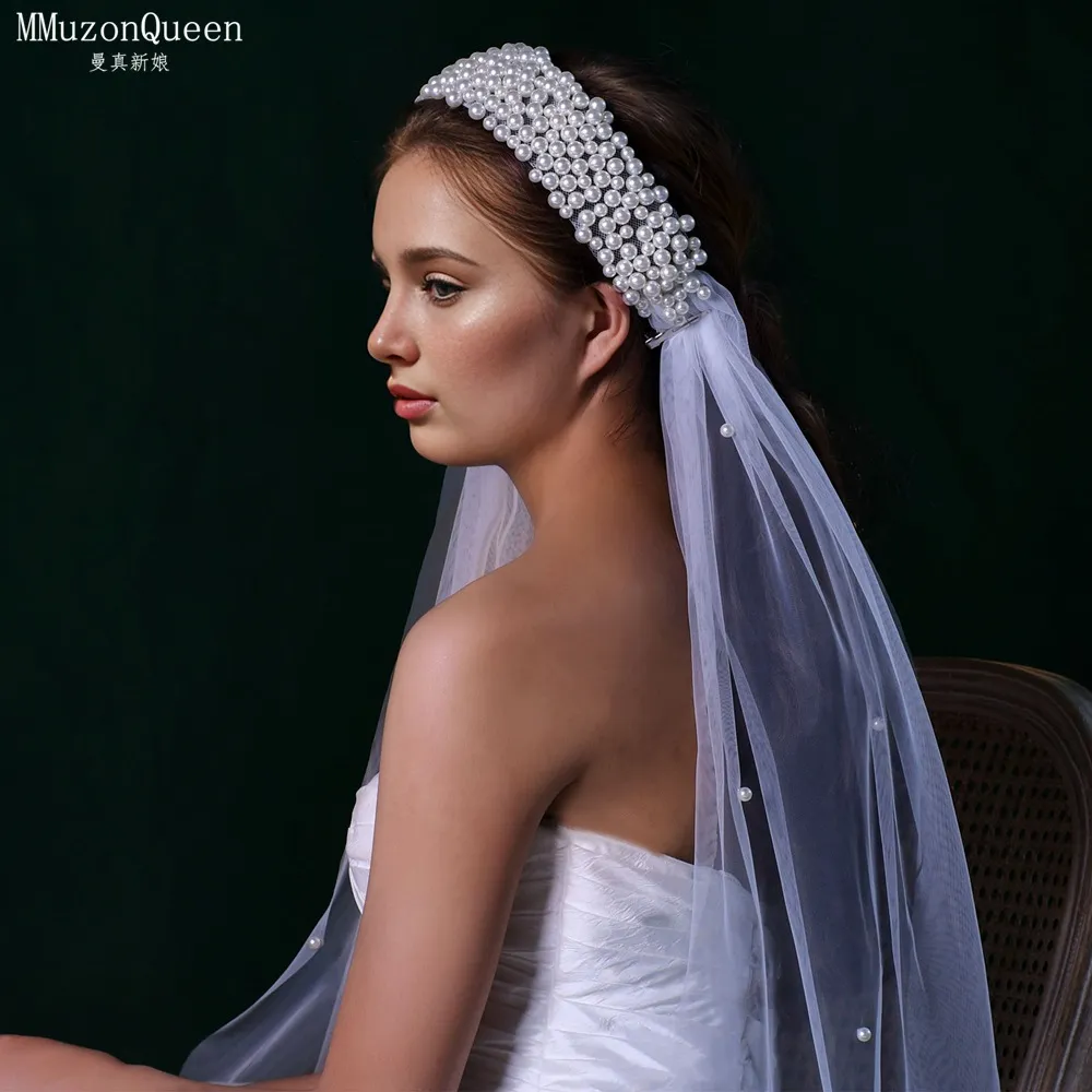 Pearl Beaded Headband With Dot Tulle Veil Big Bow... From  display picture 3