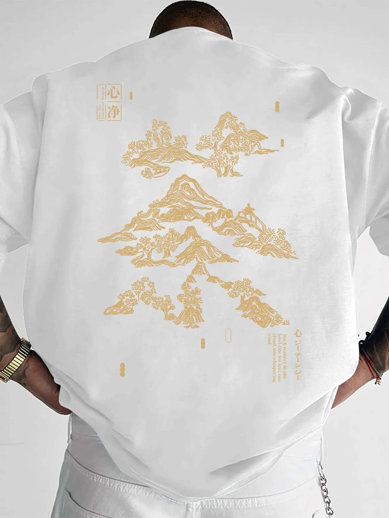 yanggao ヤンガオ GOLDEN MOUNTAIN WATER T XL Wholesale Mens Oriental Style T Shirt Golden Mountain Print