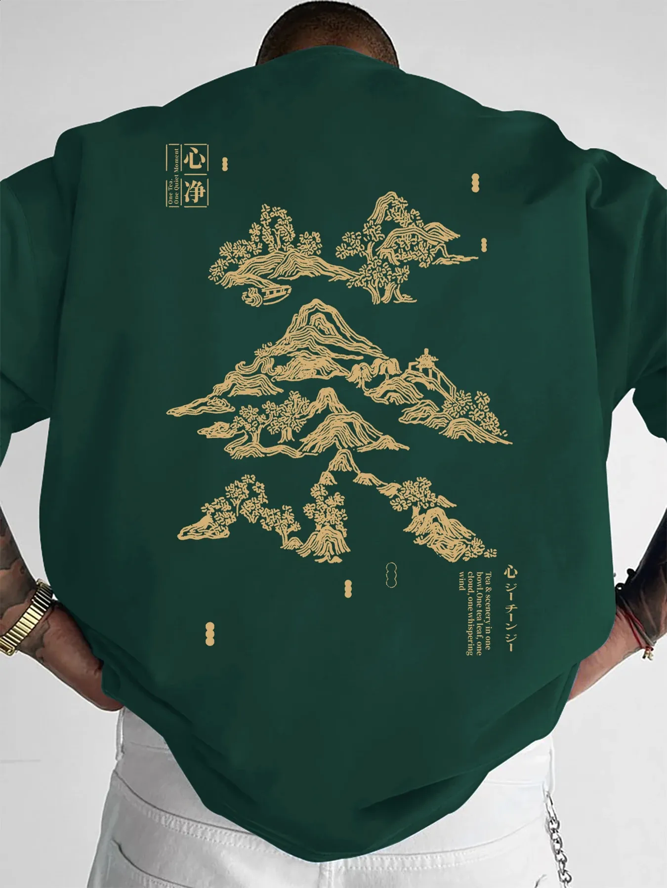 Wholesale Mens Oriental Style T Shirt Golden Mountain Print