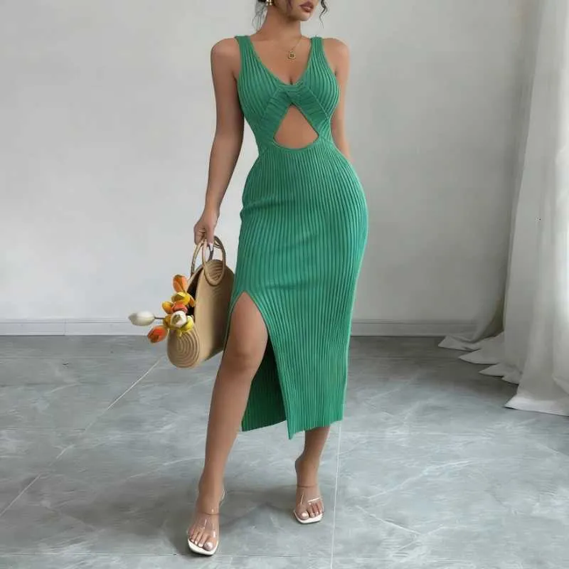 green twist dress Front Cutout Slit Midi Womens Sleeveless Sundress V Neck Stretchy Ribbed Knit Party Clubwear Dress OutfitsT260708 occasionwear womens