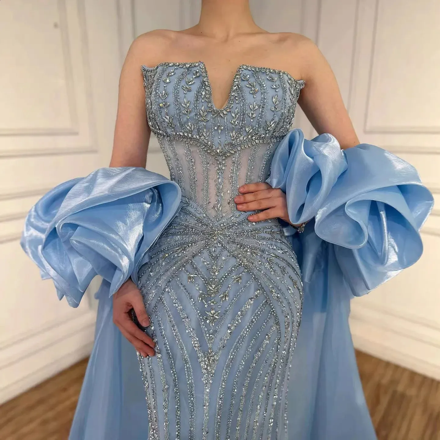 Serene Hill 2026 y Light Blue Diamond Evening Dress With Ruffle Cape Gowns For Formal Occasion BLA73141 Customized 260707