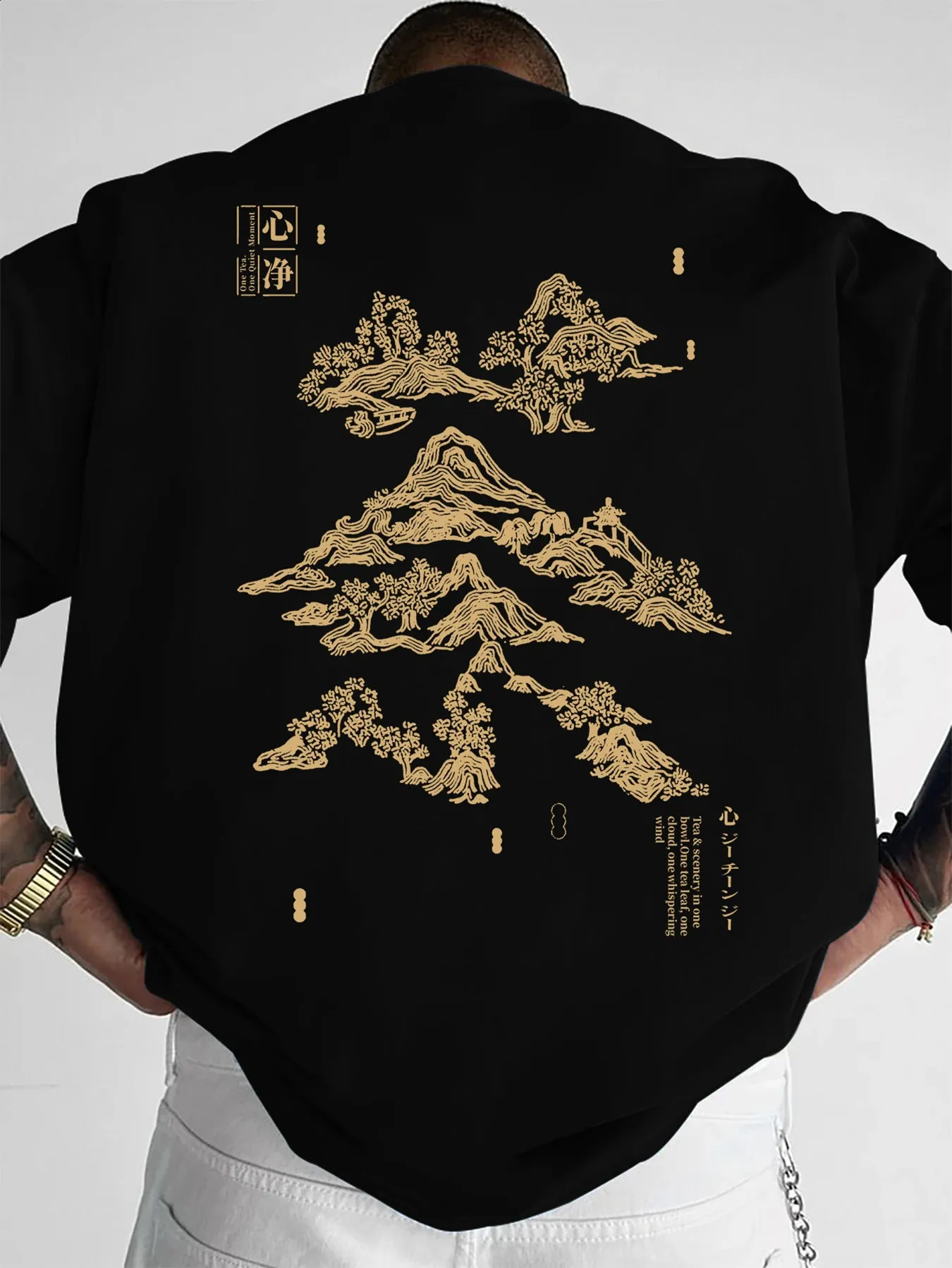 yanggao ヤンガオ GOLDEN MOUNTAIN WATER T XL Wholesale Mens Oriental Style T Shirt Golden Mountain Print