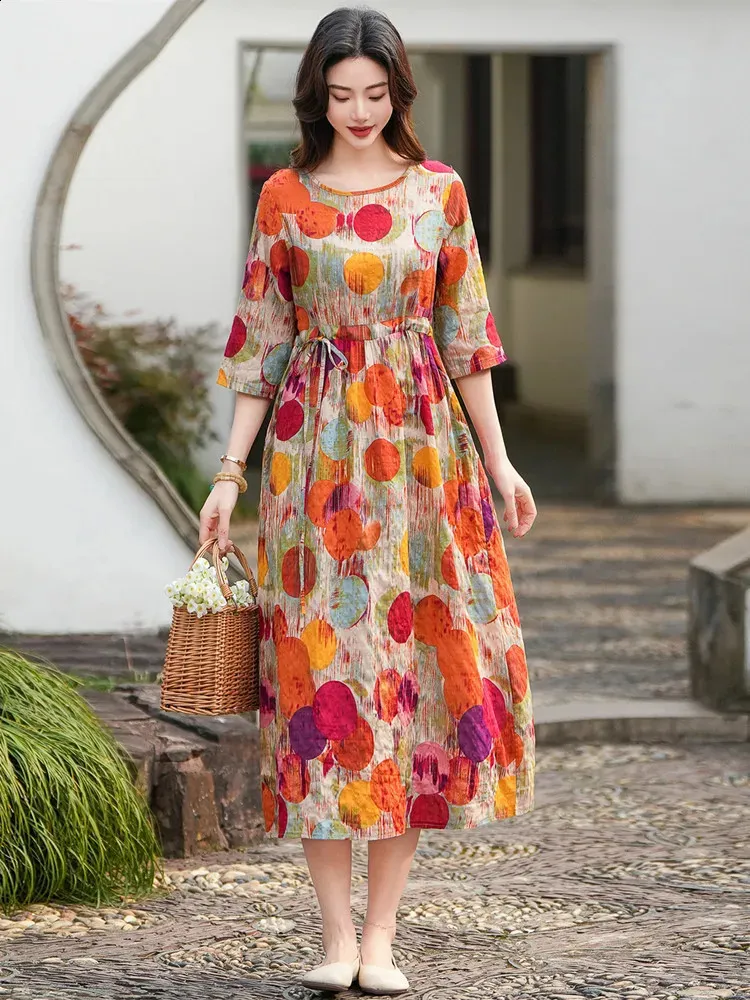 Half Sleeve Floral Print Cotton Linen Dress, Loose Vintage Summer Style for Women, Casual Beach Holiday Long Dress