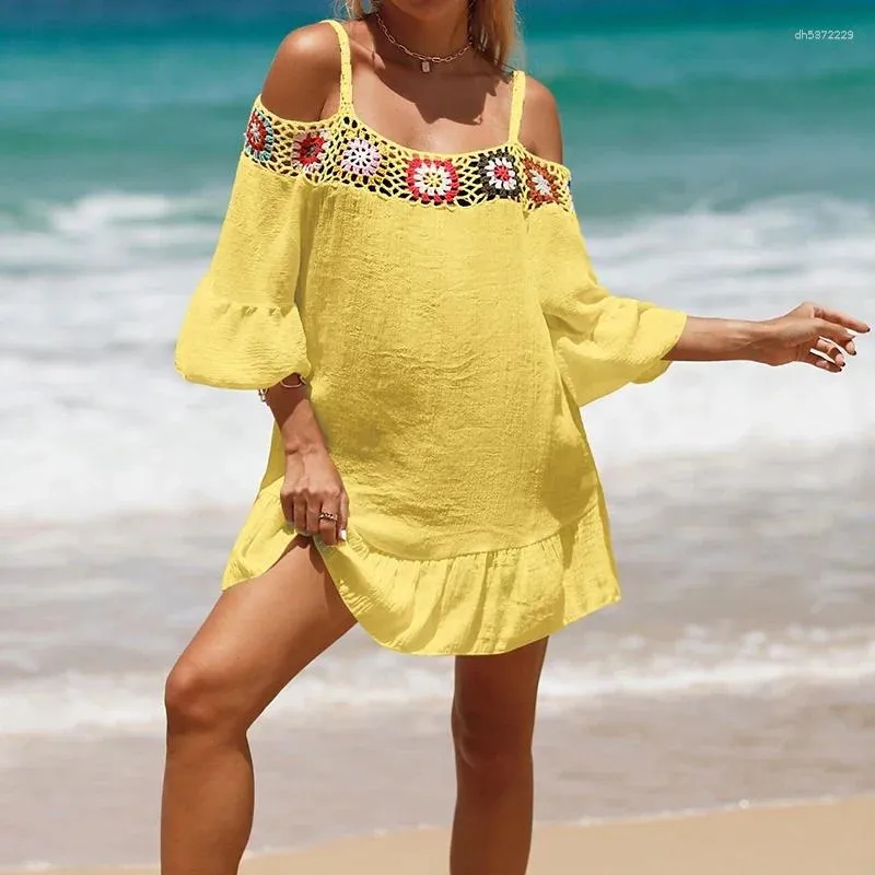 one shoulder crochet beach dress One Shoulder Crochet Inset Fit and Flare Dress - Black