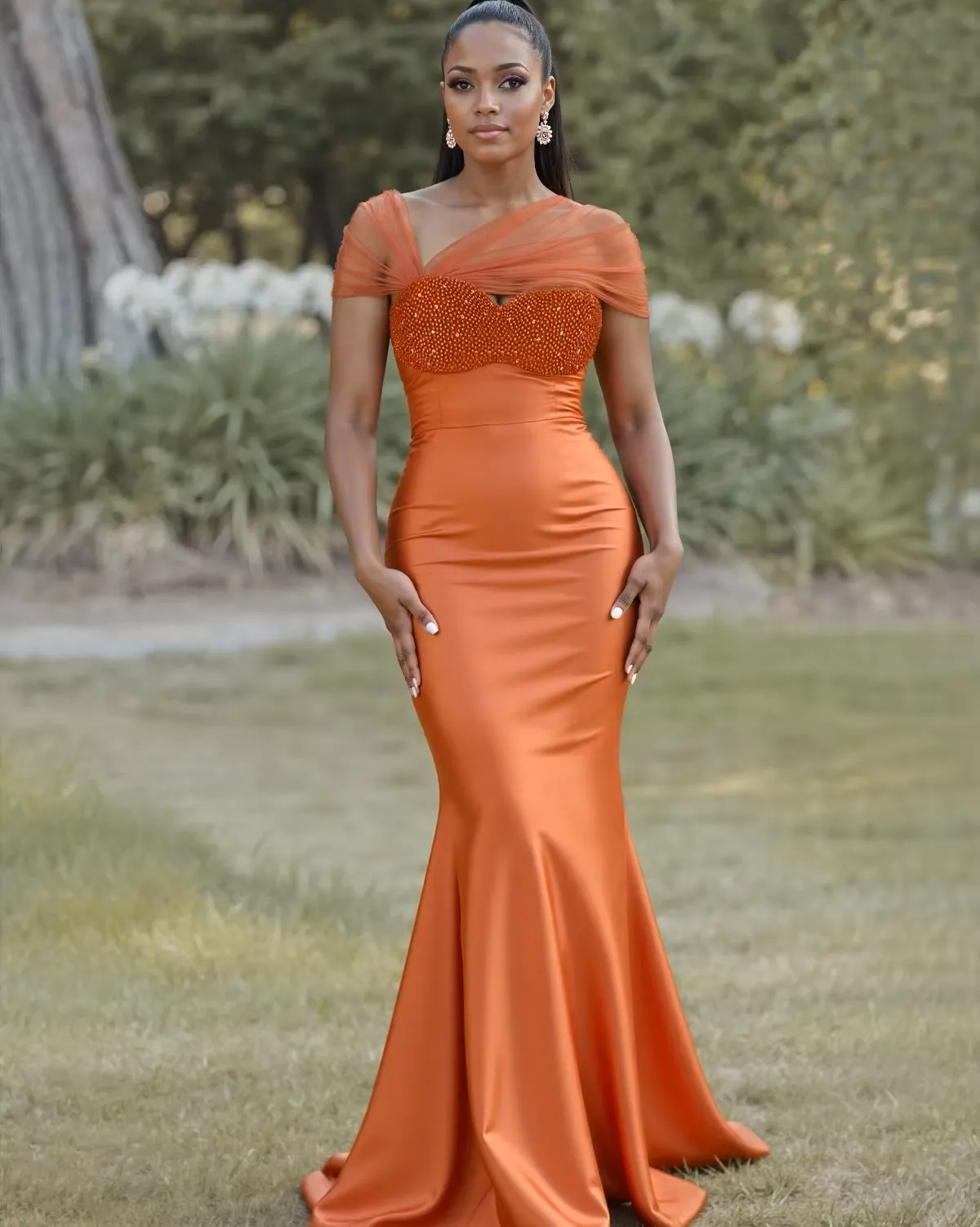 Sexy Orange Satin Mermaid Prom Pageant Dress Off Shoulder Mesh Beaded African Long Evening Birthday Formal Party Gowns vestidos de fieast