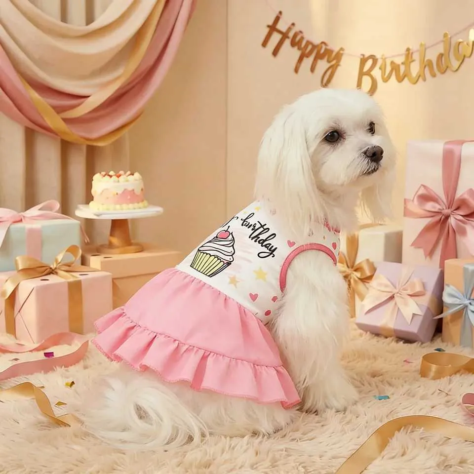 puppy birthday dress Pet Dog White Pink Happy Cupcake Print... From Haven1, Rs.688.68 cute dog clothes girl