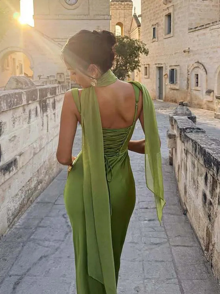 slim green dress Satin Scarf Collar Long Sleeveless Backless Lace-Up Maxi for Women, Solid Color Chic Evening Party Gown emerald green dress