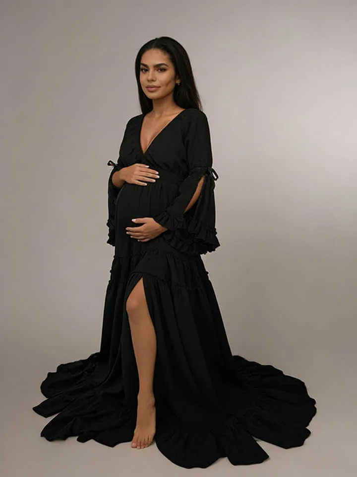 black dress maternity shoot PinkBlush Long Sleeve Photoshoot Gown/Dress The pure black design makes you look more elegant and temperament after wearing it What to Wear for a