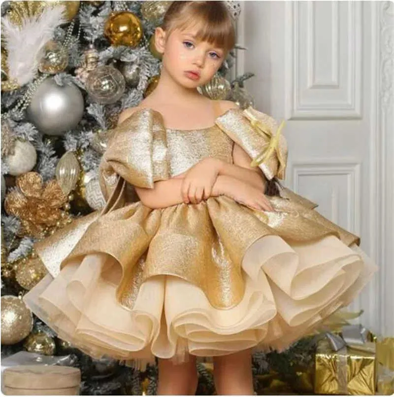 Satin Flower Puffy Gold Dresses Knee Length Glitter... From Boyle912, Rs.1,888.6