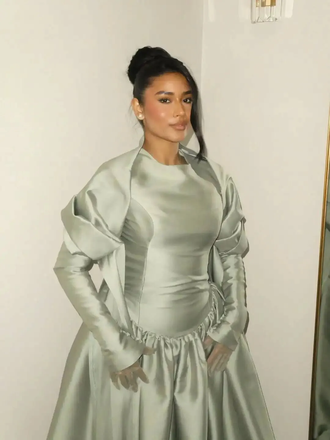 modest sage green dress Gown Colour description Modest Sage Satin Ball Gown