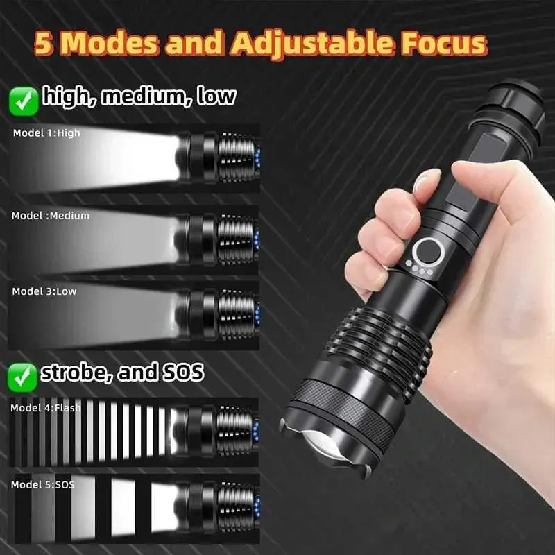 90000lm spotlight handheld t6 led flashlight 18650 rechargeable lamp Flashlight, 90000 High Lumens, Super Bright LED Flashlight, 4 Modes Waterproof Searchlight for Hunting, Hiking, Rechargeable 90000 Spotlightflashlight By Bercol