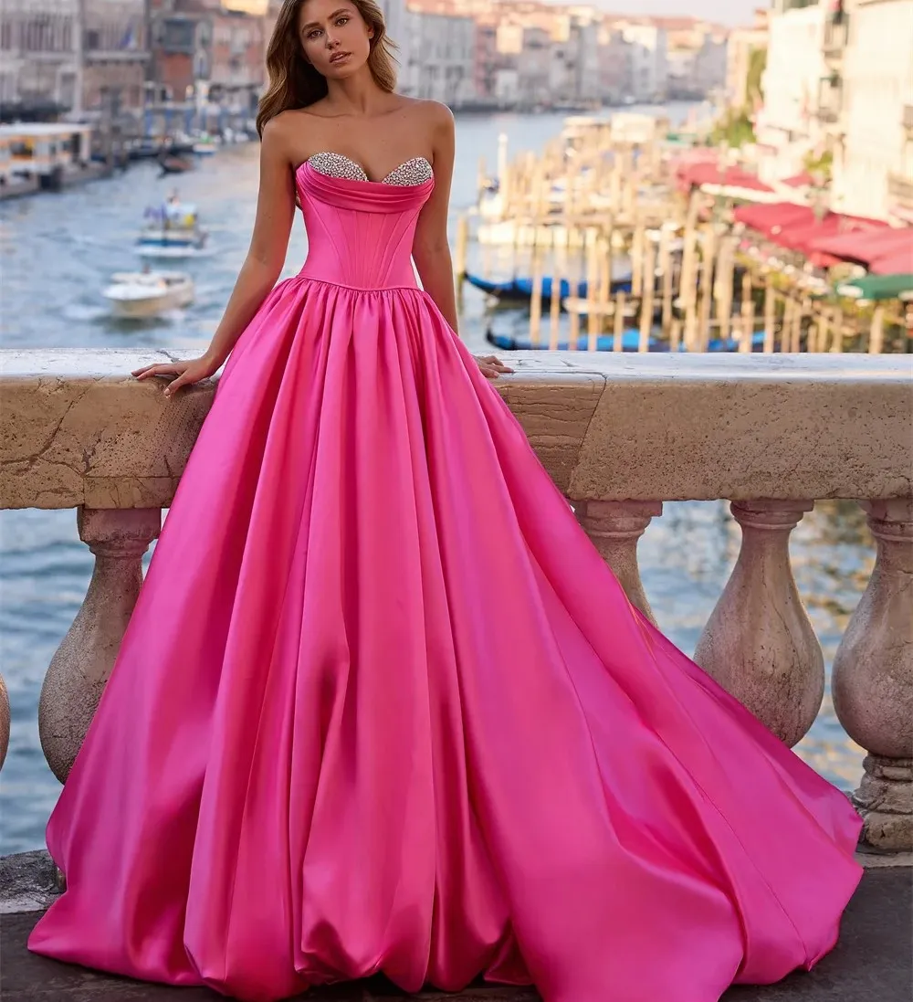 pink pageant dresses Glamorous Evening Dress A-Line Strapless Floor-Length Sleeveless Lace-up Party Bean Paste Dress style bodice is intricately adorned with shimmering embellishments and beadwork Sugar Kayne Hot Pink Pageant