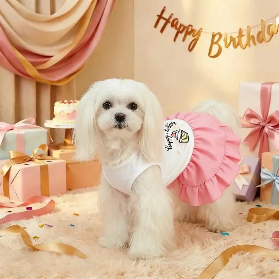 Pet Dog Dress White Pink Happy Birthday Cupcake Print... From Haven1, Rs.686.88