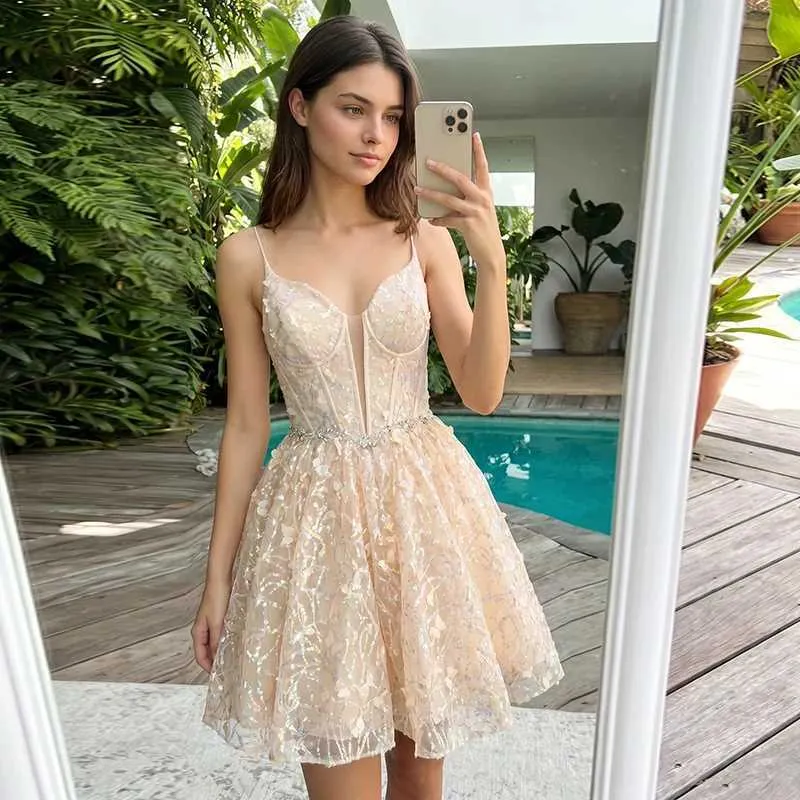 Fairy Champagne Iridescent Sequin Short Prom Dress... From Kolwme, Rs.1,841.31 In Bulk