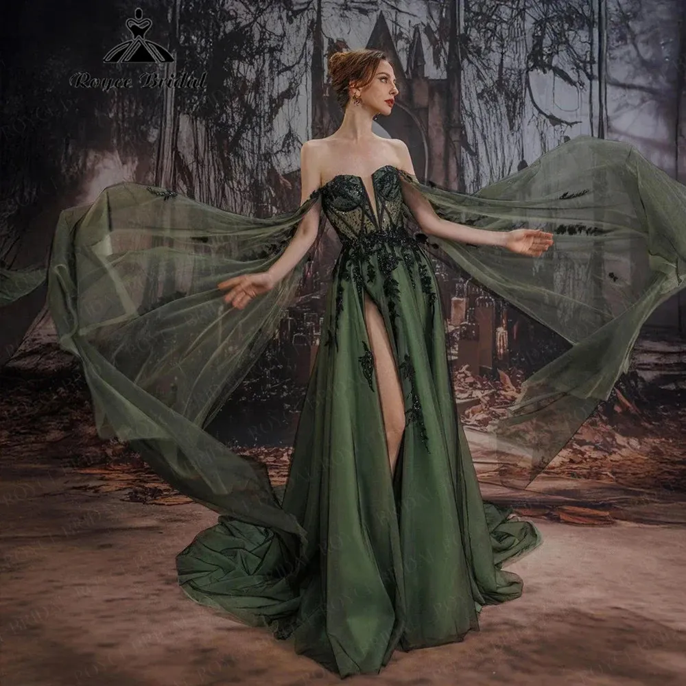 gothic green wedding dress Roycebridal OffShoulder Black Deep Forest WitchStyle Brides Customized vestidos 2026 260709 gothic black and green wedding dress