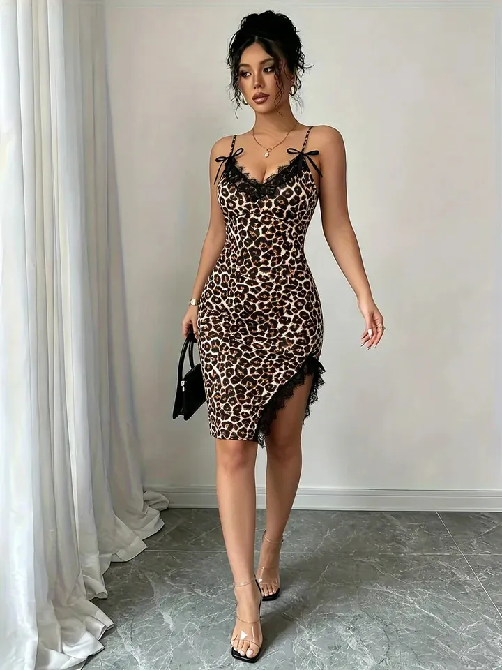 eyelash lace bodycon dress Women Spaghetti Strap Midi Leopard Print Casual Spring Summer Vacation Sexy Party Date 260709 atf-kg-08.01.25
