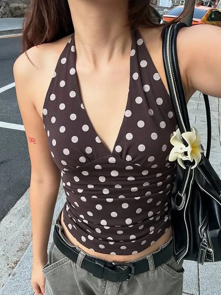 Weird Puss Polka Dot Print Vest Women Y2K Lace Up From
